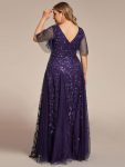 Shimmery V Neck Ruffle Sleeves Sequin Maxi Long Evening Dress – Dark Purple