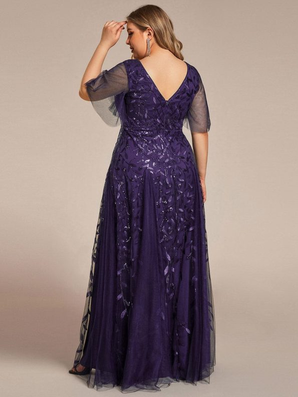 Shimmery V Neck Ruffle Sleeves Sequin Maxi Long Evening Dress - Dark Purple