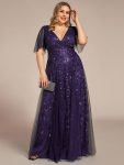 Shimmery V Neck Ruffle Sleeves Sequin Maxi Long Evening Dress – Dark Purple