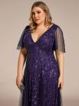 Shimmery V Neck Ruffle Sleeves Sequin Maxi Long Evening Dress – Dark Purple