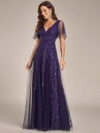 Shimmery V Neck Ruffle Sleeves Sequin Maxi Long Evening Dress – Dark Purple