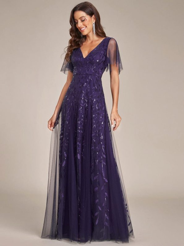 Shimmery V Neck Ruffle Sleeves Sequin Maxi Long Evening Dress - Dark Purple