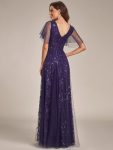 Shimmery V Neck Ruffle Sleeves Sequin Maxi Long Evening Dress – Dark Purple