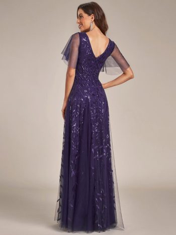 Shimmery V Neck Ruffle Sleeves Sequin Maxi Long Evening Dress - Dark Purple