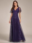 Shimmery V Neck Ruffle Sleeves Sequin Maxi Long Evening Dress - Dark Purple