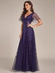 Shimmery V Neck Ruffle Sleeves Sequin Maxi Long Evening Dress – Dark Purple