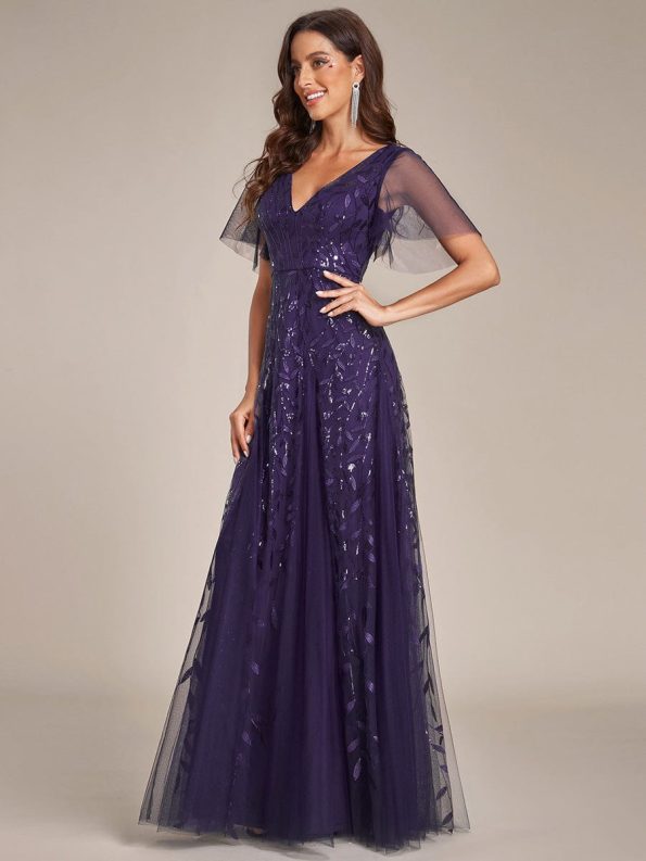 Shimmery V Neck Ruffle Sleeves Sequin Maxi Long Evening Dress - Dark Purple