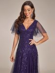 Shimmery V Neck Ruffle Sleeves Sequin Maxi Long Evening Dress – Dark Purple