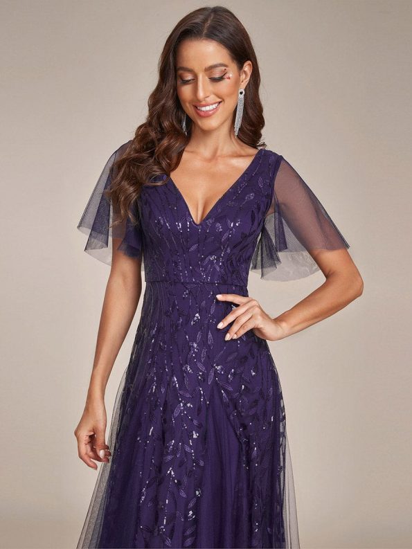 Shimmery V Neck Ruffle Sleeves Sequin Maxi Long Evening Dress - Dark Purple