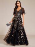 Shimmery V Neck Ruffle Sleeves Sequin Maxi Long Evening Dress - Black & Gold