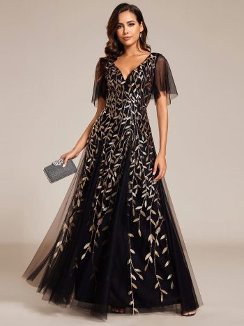 Shimmery V Neck Ruffle Sleeves Sequin Maxi Long Evening Dress - Black & Gold