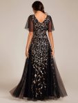 Shimmery V Neck Ruffle Sleeves Sequin Maxi Long Evening Dress – Black & Gold