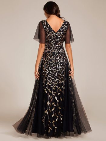 Shimmery V Neck Ruffle Sleeves Sequin Maxi Long Evening Dress - Black & Gold