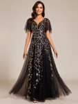 Shimmery V Neck Ruffle Sleeves Sequin Maxi Long Evening Dress – Black & Gold