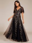 Shimmery V Neck Ruffle Sleeves Sequin Maxi Long Evening Dress – Black & Gold