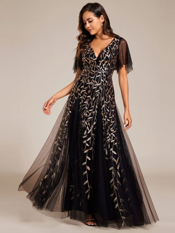 Shimmery V Neck Ruffle Sleeves Sequin Maxi Long Evening Dress - Black & Gold