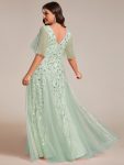 Shimmery V Neck Ruffle Sleeves Sequin Maxi Long Evening Dress – Mint Green