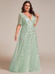 Shimmery V Neck Ruffle Sleeves Sequin Maxi Long Evening Dress – Mint Green