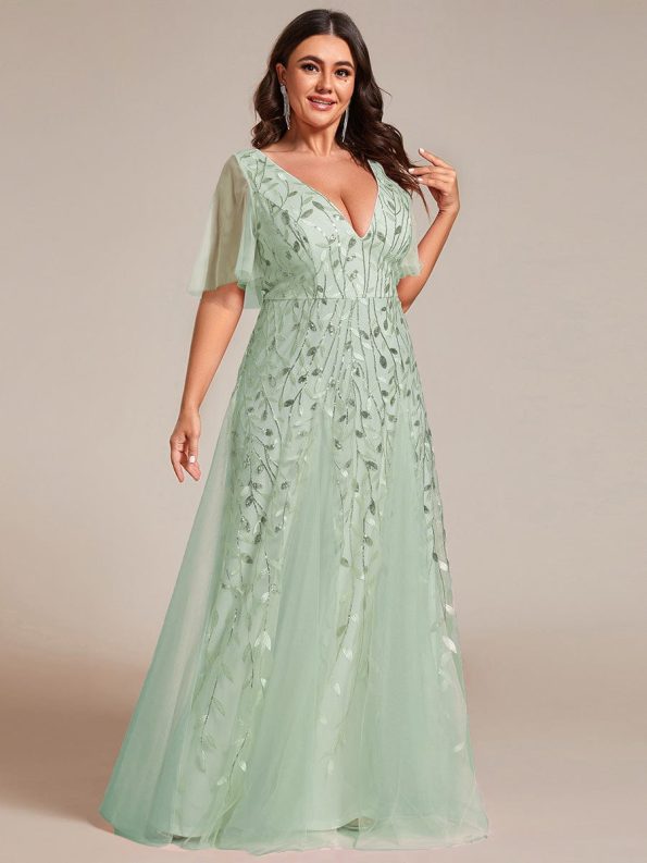 Shimmery V Neck Ruffle Sleeves Sequin Maxi Long Evening Dress - Mint Green