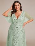 Shimmery V Neck Ruffle Sleeves Sequin Maxi Long Evening Dress – Mint Green