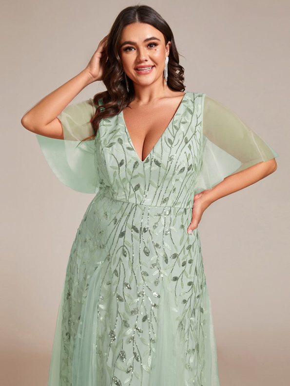 Shimmery V Neck Ruffle Sleeves Sequin Maxi Long Evening Dress - Mint Green