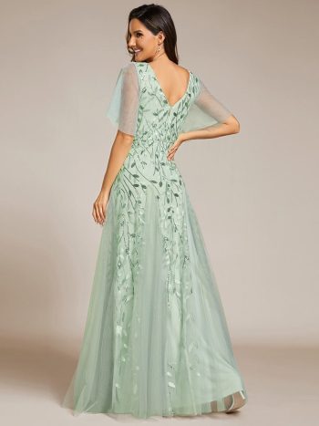 Shimmery V Neck Ruffle Sleeves Sequin Maxi Long Evening Dress - Mint Green