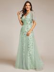 Shimmery V Neck Ruffle Sleeves Sequin Maxi Long Evening Dress – Mint Green