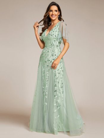 Shimmery V Neck Ruffle Sleeves Sequin Maxi Long Evening Dress - Mint Green