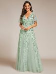 Shimmery V Neck Ruffle Sleeves Sequin Maxi Long Evening Dress – Mint Green