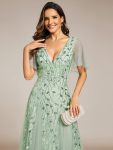 Shimmery V Neck Ruffle Sleeves Sequin Maxi Long Evening Dress – Mint Green