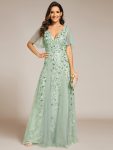 Shimmery V Neck Ruffle Sleeves Sequin Maxi Long Evening Dress – Mint Green