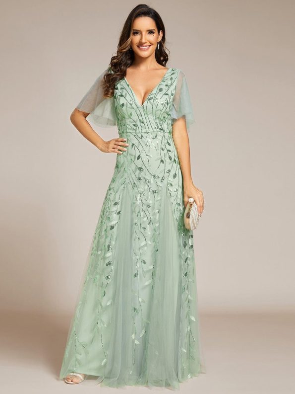 Shimmery V Neck Ruffle Sleeves Sequin Maxi Long Evening Dress - Mint Green