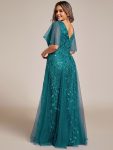 Shimmery V Neck Ruffle Sleeves Sequin Maxi Long Evening Dress – Teal