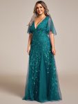 Shimmery V Neck Ruffle Sleeves Sequin Maxi Long Evening Dress – Teal