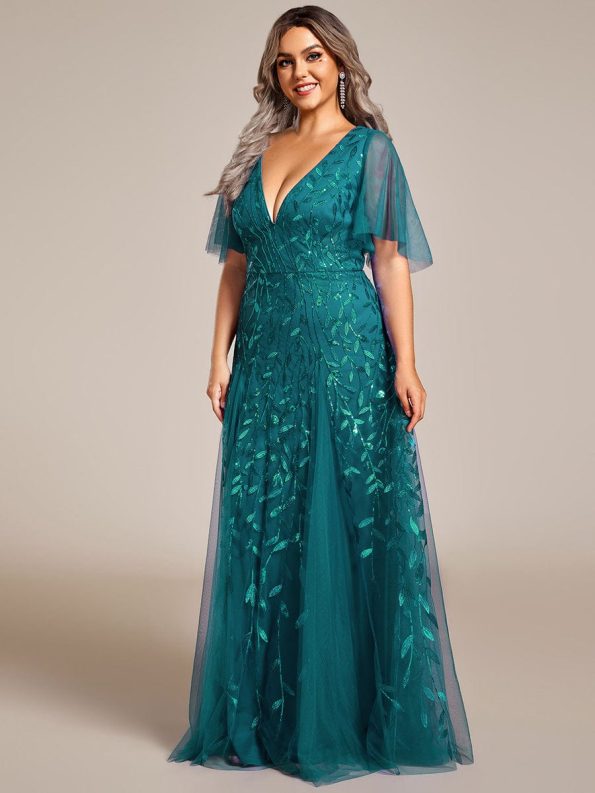 Shimmery V Neck Ruffle Sleeves Sequin Maxi Long Evening Dress - Teal