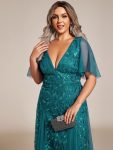 Shimmery V Neck Ruffle Sleeves Sequin Maxi Long Evening Dress – Teal