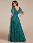 Shimmery V Neck Ruffle Sleeves Sequin Maxi Long Evening Dress – Teal