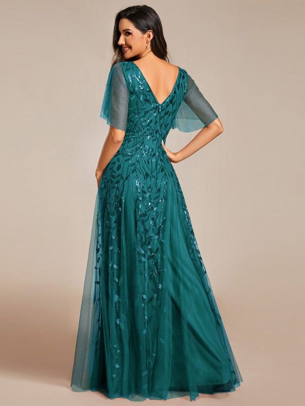 Shimmery V Neck Ruffle Sleeves Sequin Maxi Long Evening Dress - Teal