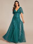 Shimmery V Neck Ruffle Sleeves Sequin Maxi Long Evening Dress – Teal