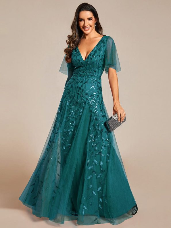 Shimmery V Neck Ruffle Sleeves Sequin Maxi Long Evening Dress - Teal