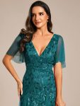 Shimmery V Neck Ruffle Sleeves Sequin Maxi Long Evening Dress – Teal