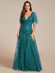 Shimmery V Neck Ruffle Sleeves Sequin Maxi Long Evening Dress – Teal