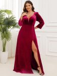 Velvet 3/4 Length Sleeve Illusion V-Neck Front Slit Evening Dress – Burgundy