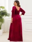 Velvet 3/4 Length Sleeve Illusion V-Neck Front Slit Evening Dress – Burgundy