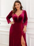 Velvet 3/4 Length Sleeve Illusion V-Neck Front Slit Evening Dress – Burgundy