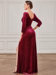 Velvet 3/4 Length Sleeve Illusion V-Neck Front Slit Evening Dress – Burgundy