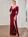 Velvet 3/4 Length Sleeve Illusion V-Neck Front Slit Evening Dress – Burgundy