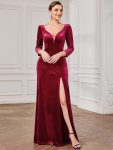 Velvet 3/4 Length Sleeve Illusion V-Neck Front Slit Evening Dress – Burgundy