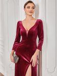 Velvet 3/4 Length Sleeve Illusion V-Neck Front Slit Evening Dress – Burgundy