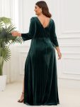 Velvet 3/4 Length Sleeve Illusion V-Neck Front Slit Evening Dress – Dark Green